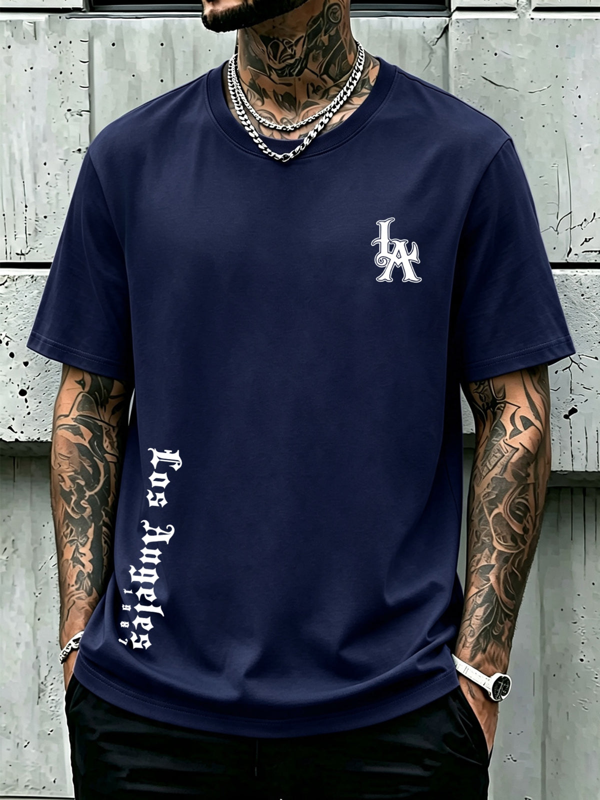 Men's 100% Cotton Short Sleeve Crew Neck T-Shirt, American Los Angeles Vintage Street Style Print, Casual, Fashionable, Comfortable, Soft, Summer Short Sleeve - Navy Color