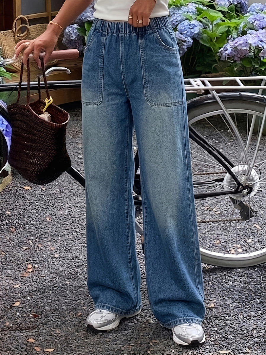 2026 New Women's Loose-Leg Wide-Leg Jeans, Blue Wide-Leg Denim Pants, Specially Designed for Women. These Jeans Feature a Wide-leg Design with Pockets, Offering a Casual Style. Comfortable to Wear, They Are Perfect for Travel, Work, and Office - Medium Blue
