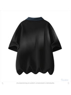 Men's Summer Lapel Collar Built-in 2-in-1 Look V-Polo, Unisex Drop Shoulder Loose Fit Curved Hem Draped Short Sleeve T-Shirt - Black