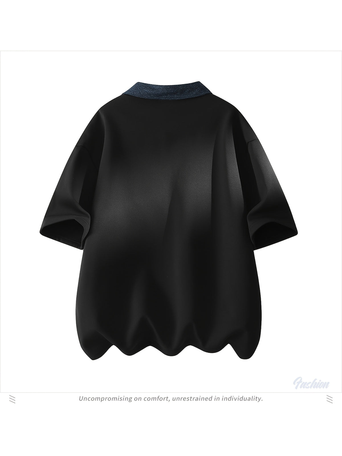 Men's Summer Lapel Collar Built-in 2-in-1 Look V-Polo, Unisex Drop Shoulder Loose Fit Curved Hem Draped Short Sleeve T-Shirt - Black