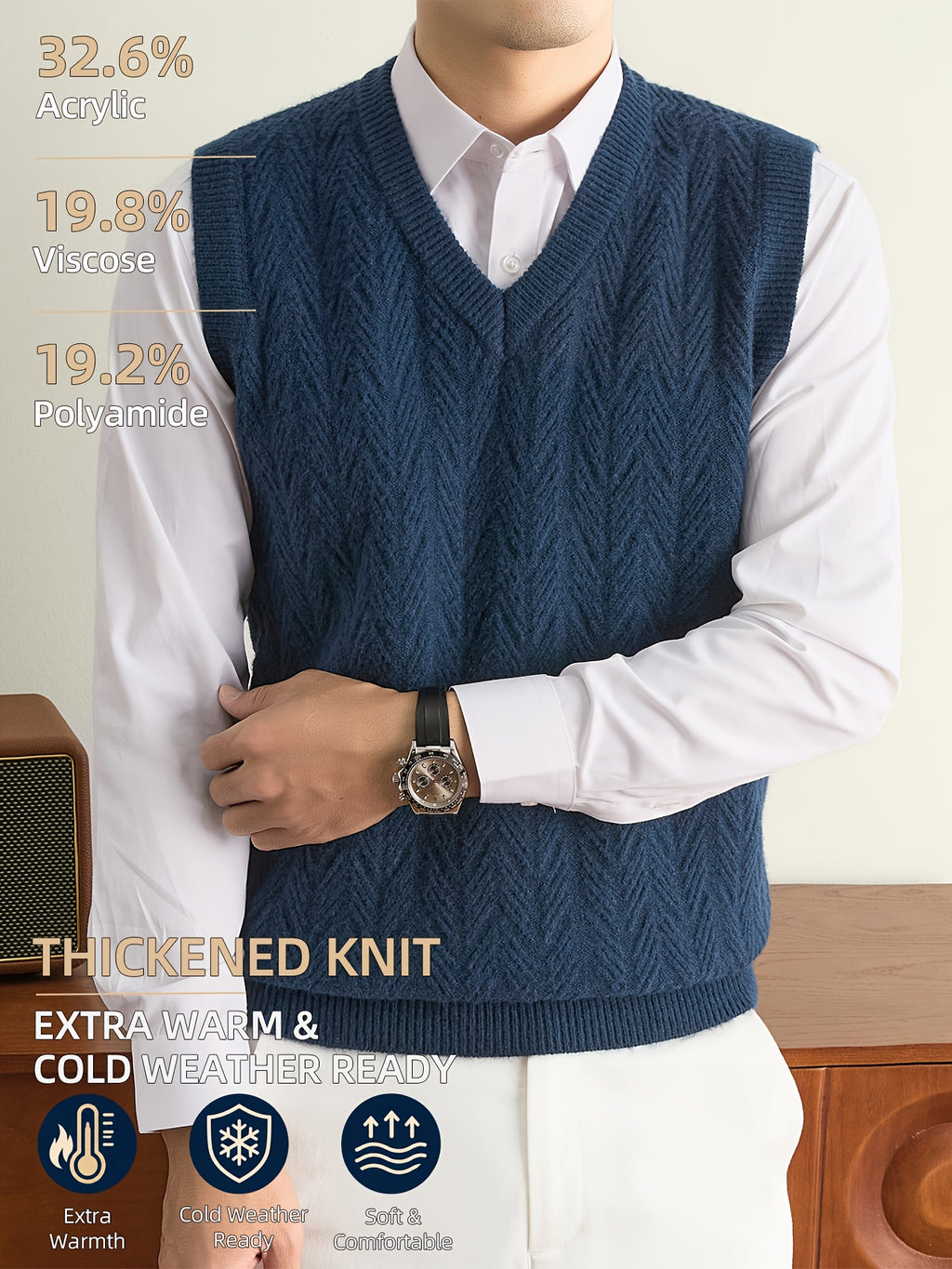 Men's Autumn & Winter Knitted Sweater Vest, Classic V-Neck with Raised Herringbone Texture, Thick & Warm, Timeless Refined Style for Work, Casual Wear, Outdoor Activities & Camping, Ideal Gift for Dad or Husband - Ha Qing