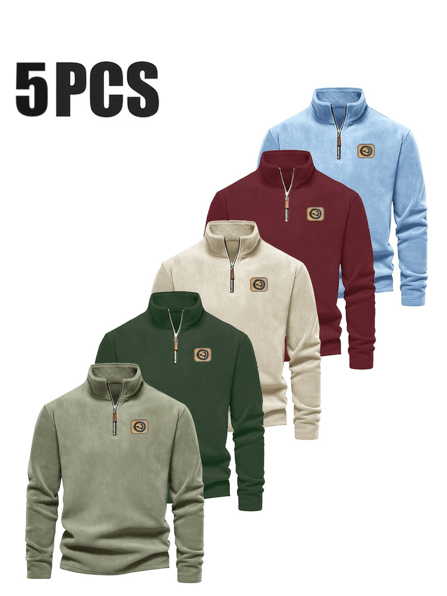 Men's Half-Zip Pullover Top, 5pcs, Soft and Skin-Friendly, Versatile for Daily Casual and Sportswear - Mint Green + Dark Green + Sky Blue + Dark Red + Apricot