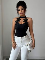 Women'S Stylish Lace Trim Halter Sexy Versatile Tank Top - Black