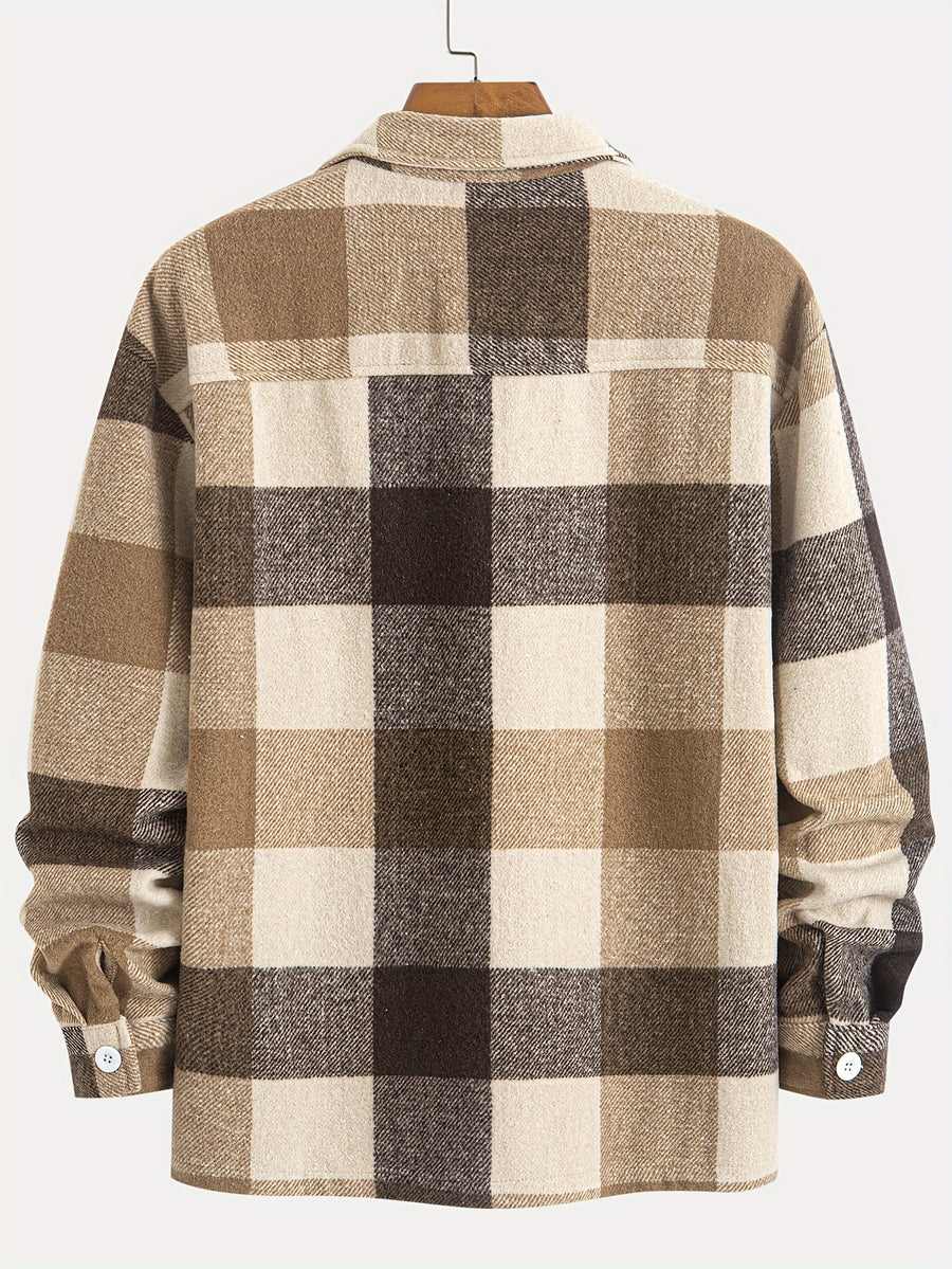 1pc of Plaid Casual Jacket, Casual Sports Jacket, Lapel Button Cardigan Jacket - Coffee Color