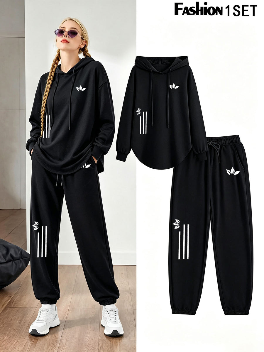 Women's Casual Hooded Sweatshirt and Joggers 2pcs Set - Long Sleeve Drawstring Pullover Hoodie, Elastic Waist Sweatpants, Comfortable Loungewear Set - Perfect for Sports, Running, Yoga, Workout, Daily Wear and Travel - Black