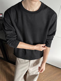Men'S Casual Sports T-Shirt, 1pc Men'S Fashion Trendy Casual Textured Round Neck Long Sleeve T-Shirt, Loose Fit, Comfortable Stretch Fabric, Suitable for Daily Casual Commuting Wear - Black