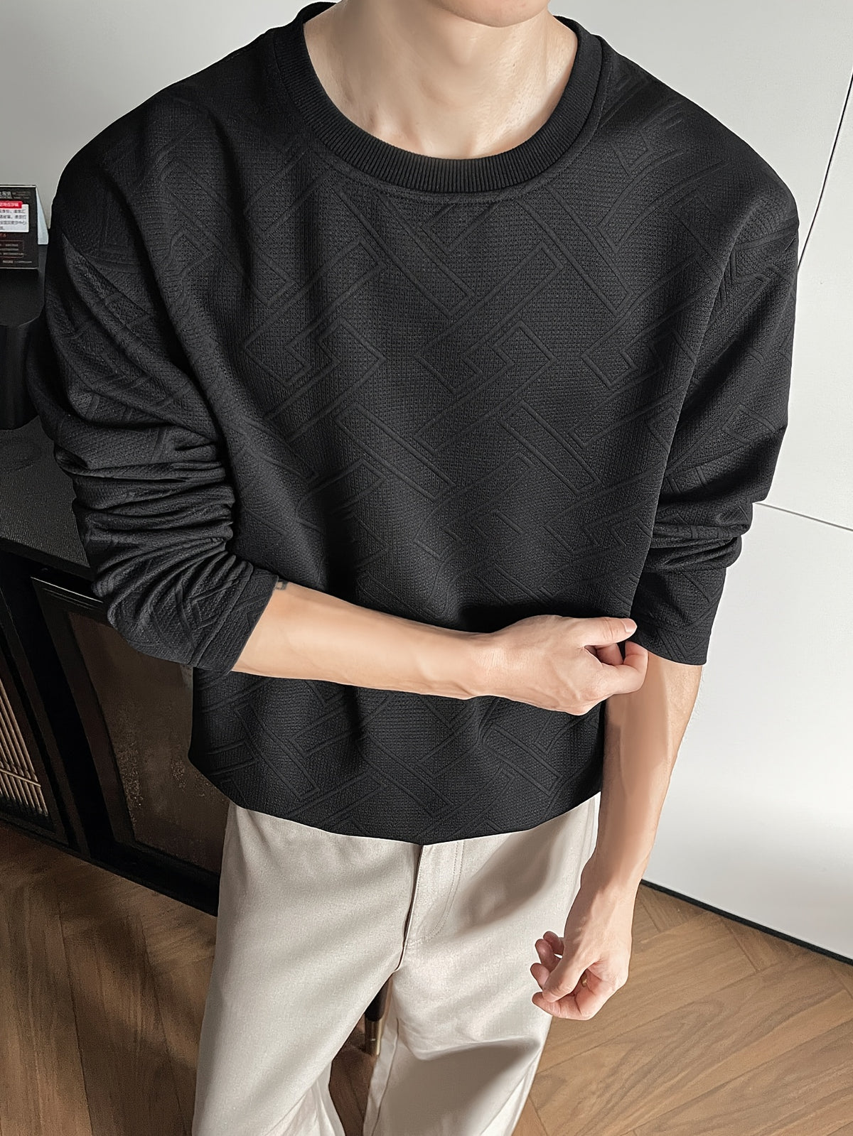 Men'S Casual Sports T-Shirt, 1pc Men'S Fashion Trendy Casual Textured Round Neck Long Sleeve T-Shirt, Loose Fit, Comfortable Stretch Fabric, Suitable for Daily Casual Commuting Wear - Black