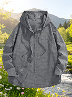 Men'S Casual Plaid Shirt, Loose Hooded Plaid Shirt - Black