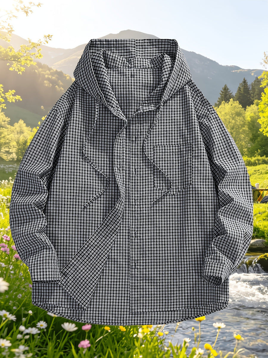Men'S Casual Plaid Shirt, Loose Hooded Plaid Shirt - Black