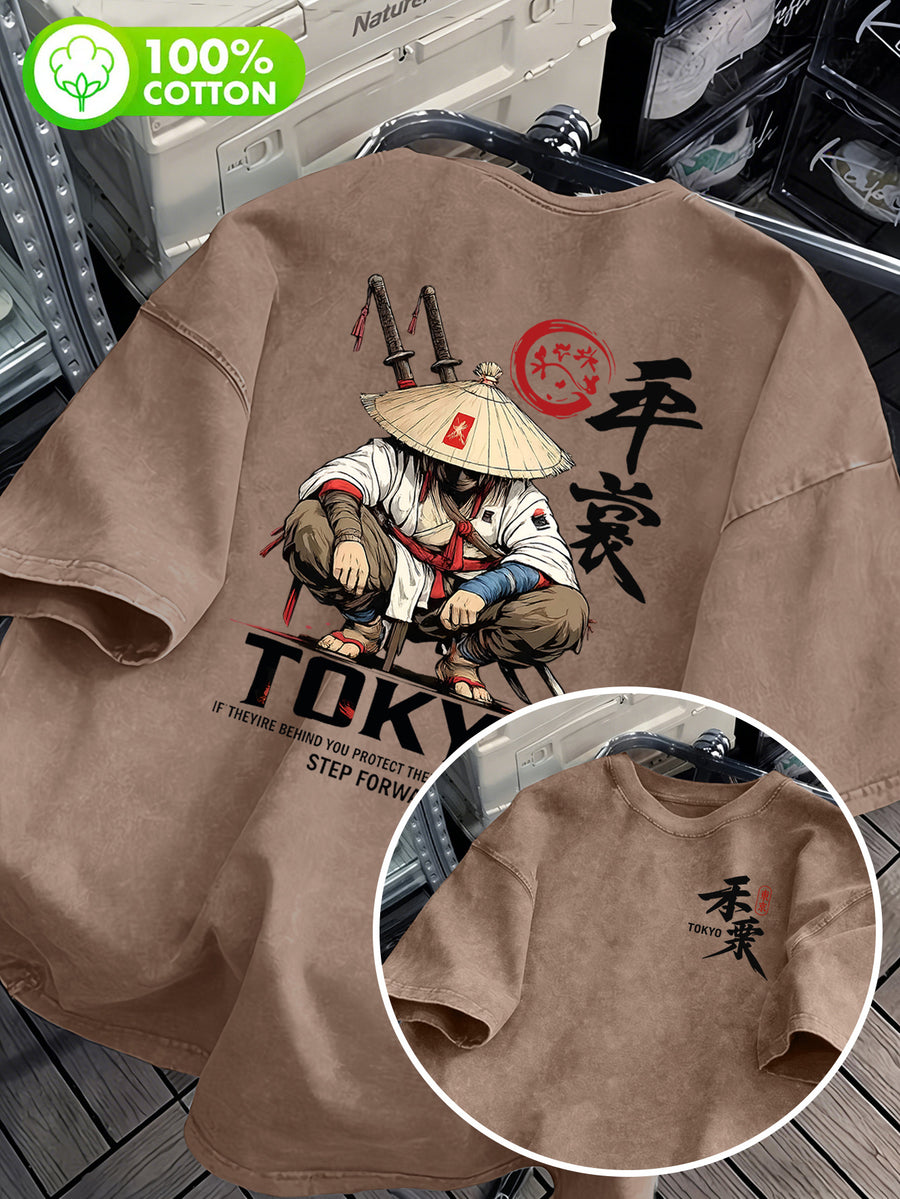 Men's 100% Cotton Washed "Japanese Dark Gothic Style Printed T-Shirt, Samurai Illustration Design, Enhances Outfit Recognizability" Front and Back Double-Sided Print - Casual Cotton Versatile Loose-Fit Summer Crew Neck Short Sleeve - Coffee Color