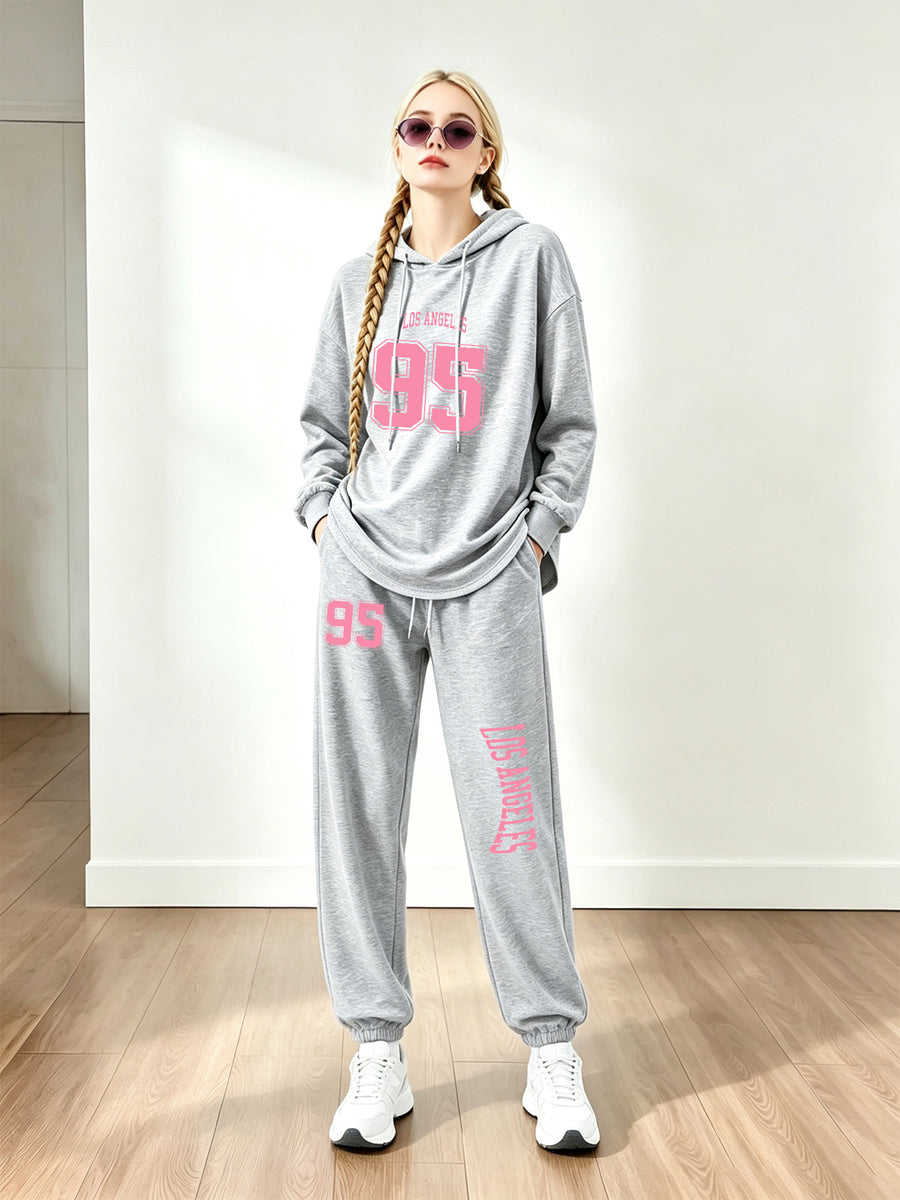Women'S Los Angeles Print Two-Piece Tracksuit - Casual Oversized Long Sleeve Hoodie And Drawstring Elastic Waist Jogger Pants Set, Comfortable Athleisure Loungewear - Perfect for Daily Wear, Sports, Gym, Vacation, And Gift for Her - Light Grey