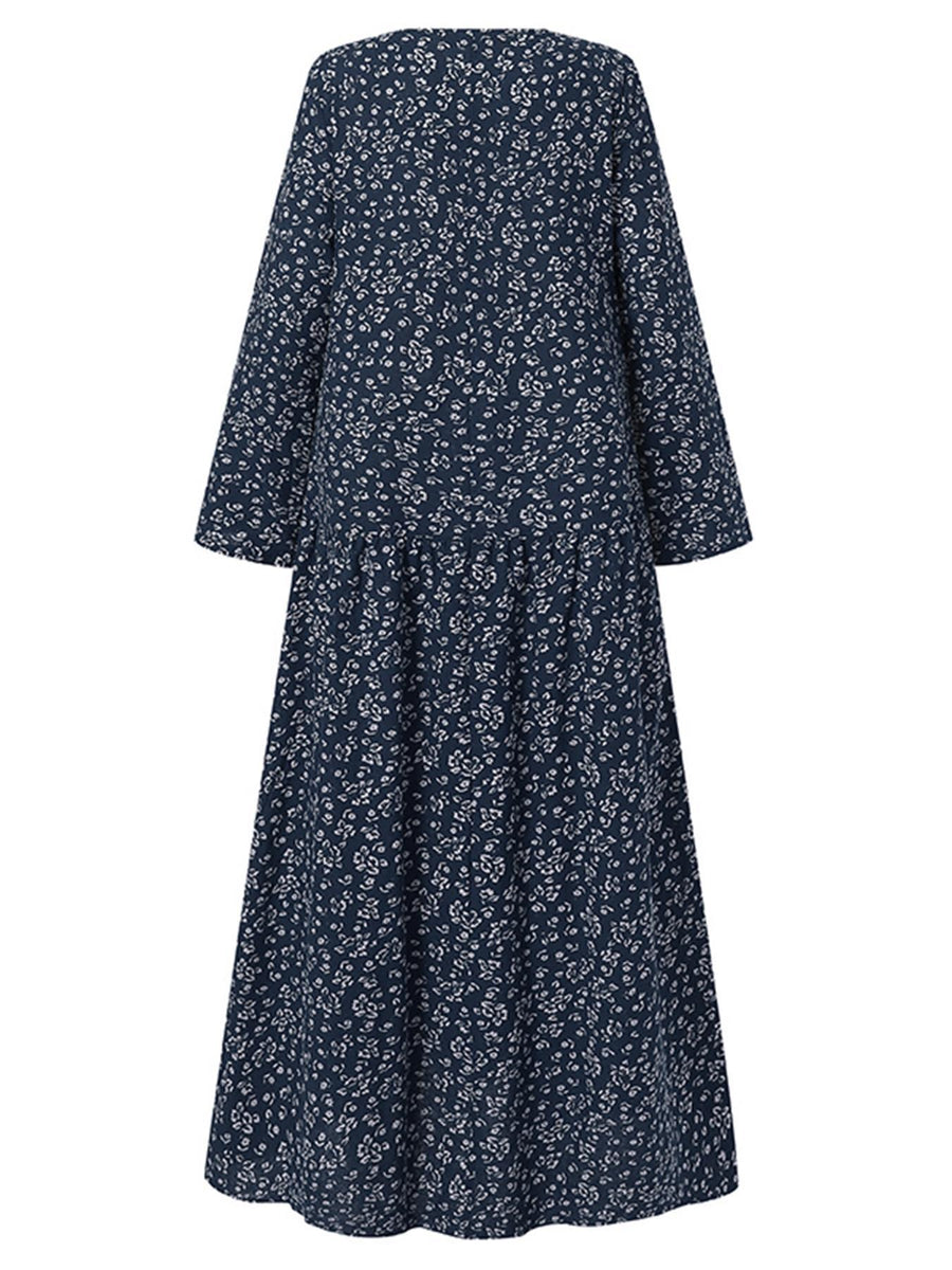 Plus Size, Plus Size Women Floral Print Maxi Dress Oversized Long Sleeve Crew Neck Vintage Holiday Casual Loose Long Dresses - Black