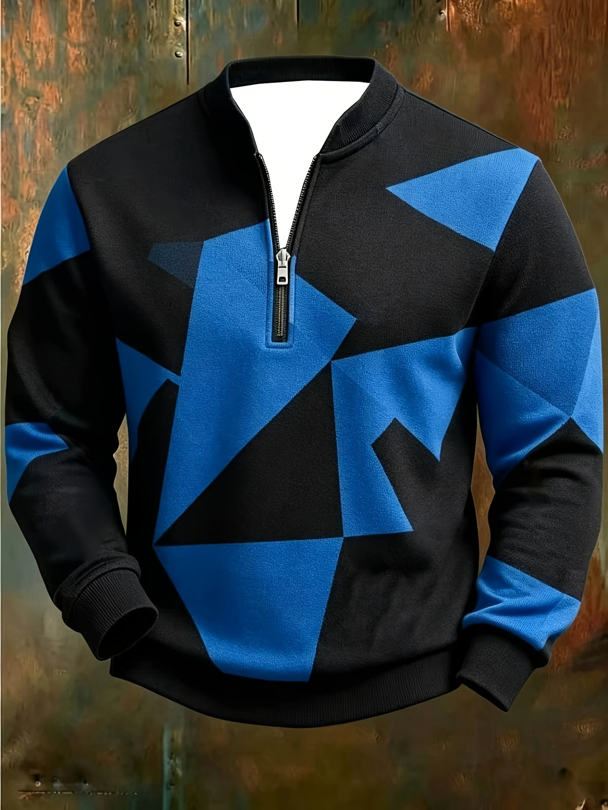 [Print Design - Not Textured] Plus Size Men'S Blue White Gray Geometric Color-Block Sweatshirt, Geometric Print Half-Zip POLO Shirt, Casual Long Sleeve Pullover - Mixed Color 4