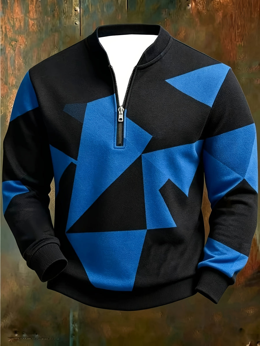 [Print Design - Not Textured] Plus Size Men'S Blue White Gray Geometric Color-Block Sweatshirt, Geometric Print Half-Zip POLO Shirt, Casual Long Sleeve Pullover - Mixed Color 4
