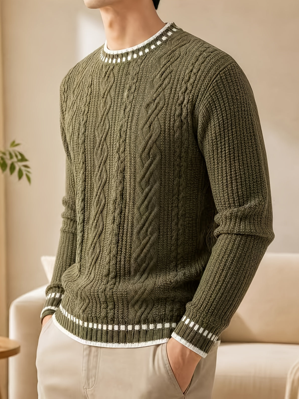 Black Friday, Christmas, Thanksgiving Pre-Heat, Men's Acrylic Blend Five-Color Options, Cable Knit, Contrast Stripe Ribbed Crew Neck Pullover Sweater with Contrast Stripes at Neckline, Cuffs, and Hem, Vintage Casual Daily Wear for Autumn/Winter - Green