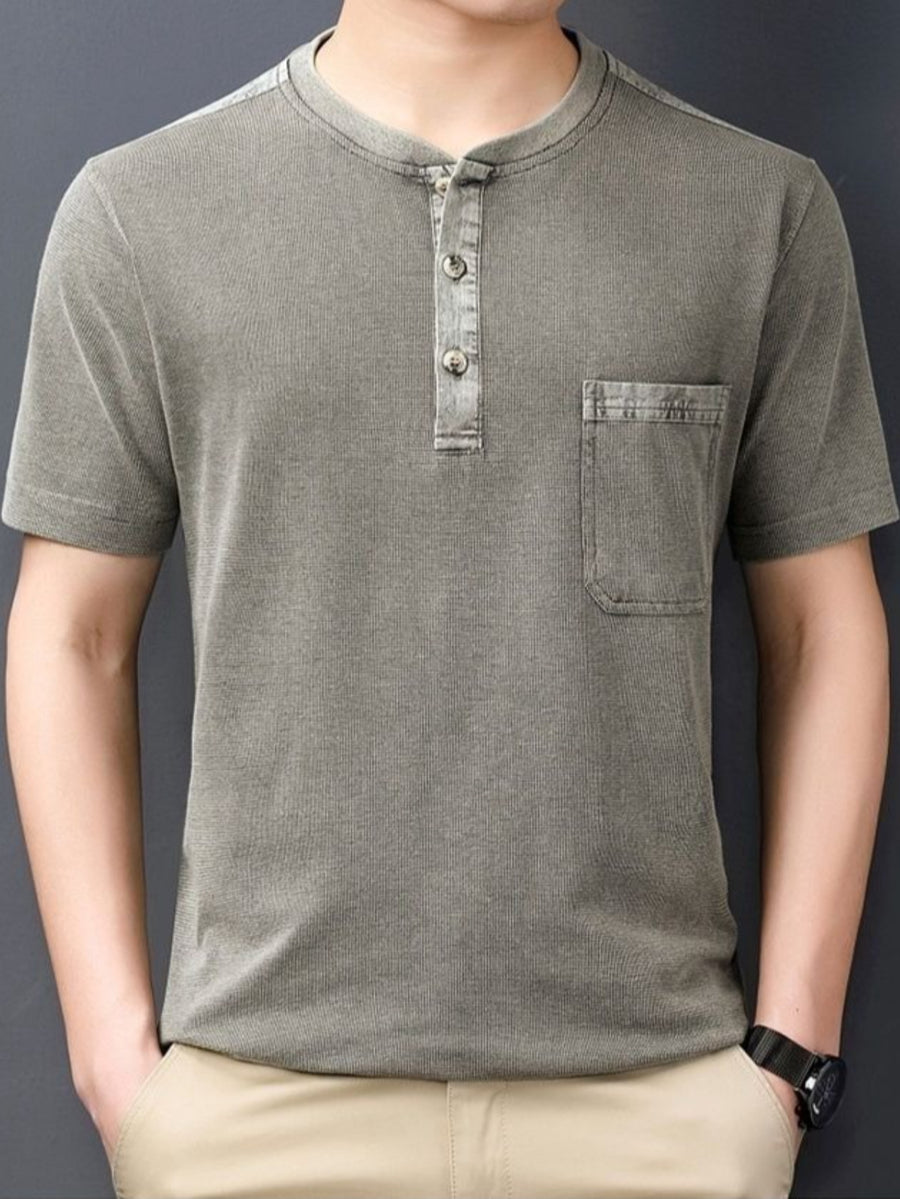 New Summer Men's Short-Sleeve Henley Shirt with Washed Distressed Finish, Waffle Knit Texture, Business Casual T-Shirt with Pocket - Gray Green