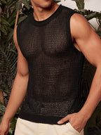 New Summer Men'S Fashion Trendy Comfortable Breathable Knit Vest Pullover Sweater, Casual Vacation Style Solid Color Hollow Round Neck Men'S Sweater, Travel Holiday Beach Seaside Wear - Black