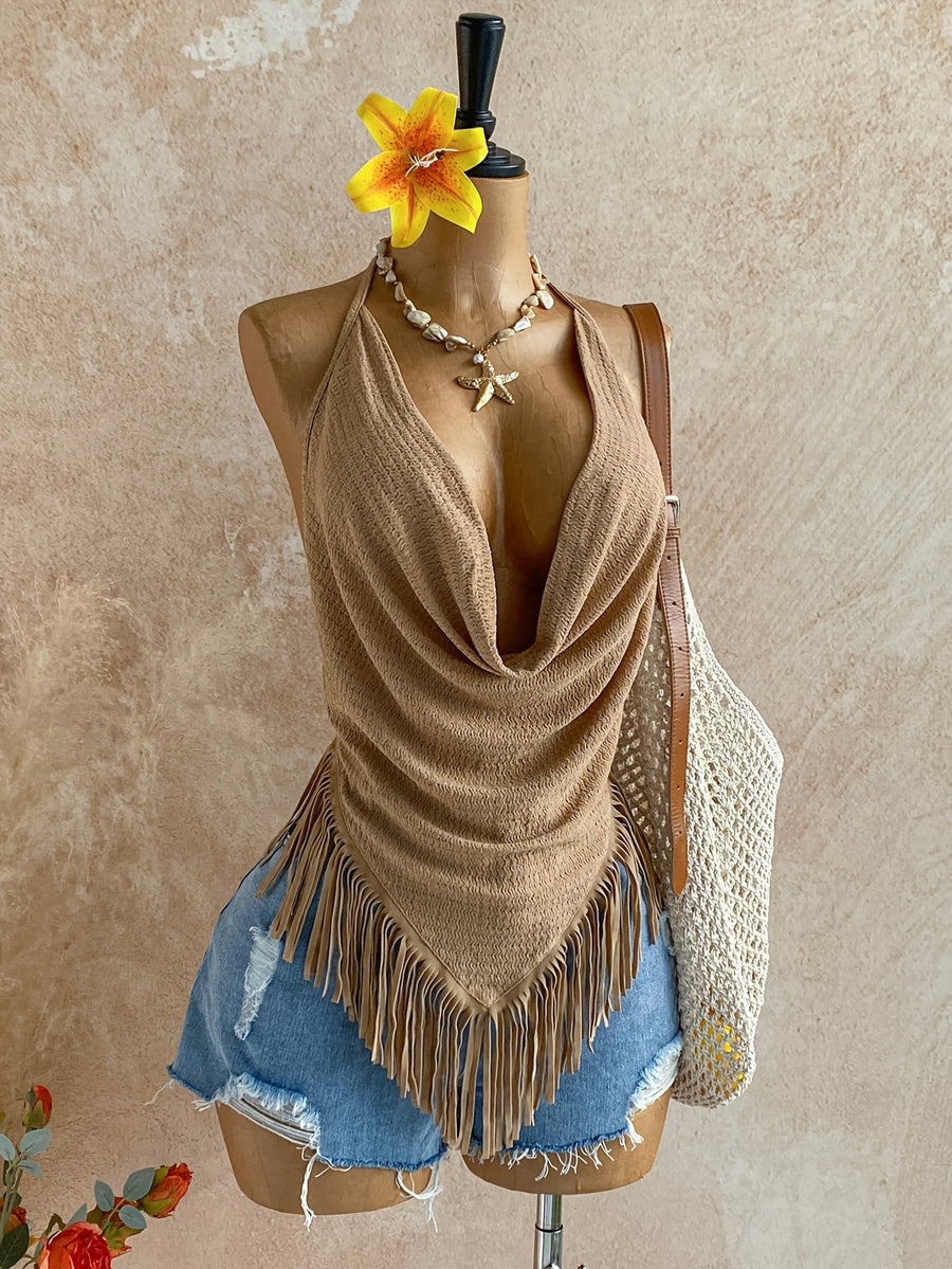Cross-border Fashion Women's Summer Vacation Casual New Texture Sleeveless Top with Patchwork Fringe Trim and Swing Neckline, Bohemian Beach Style - Khaki