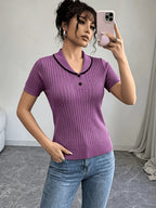 Women'S Summer Clothing Short Sleeve Solid Color Sweater, Lapel Hollow Out Design, Slim Fit Style Pullover, Spring Summer Season - Purple