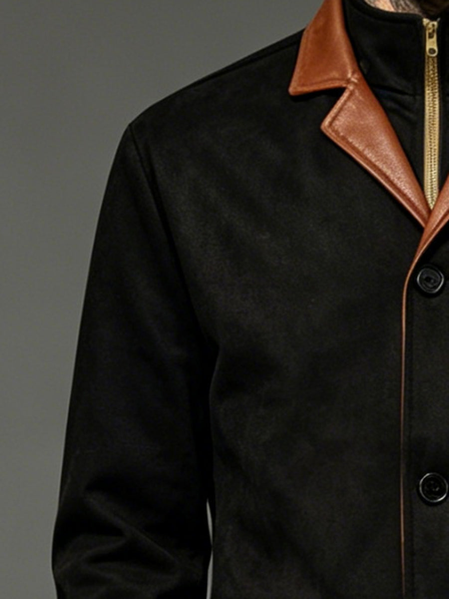 Men'S Retro Color-Block Lapel Jacket, Contrast Trim 3-Button Double Pocket Coat, Business Casual All-Season Outerwear (Free Gloves) P - Black