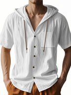 Men's Short Sleeve Hooded Shirt, Casual Button Hoodie Top with Chest Pocket, Lightweight Breathable Summer Shirt for Beach Vacation, Travel, Resort Wear, Outdoor Leisure, Streetwear Style and Daily Casual Outfit - White