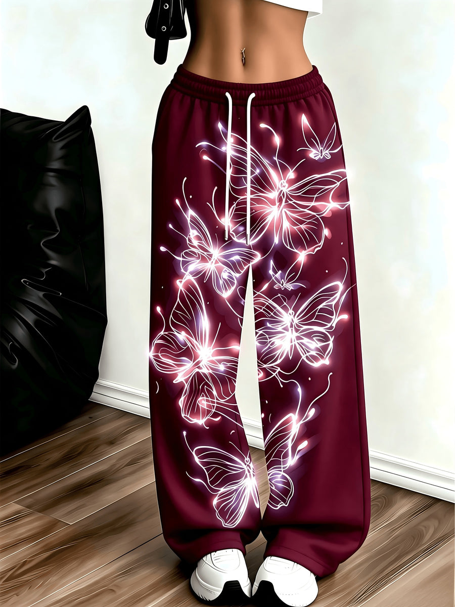 Women's Neon Butterfly Glow-in-the-dark Pattern Jogging Pants with Pockets, Elastic Waistband, and Straight-leg Design - Burgundy