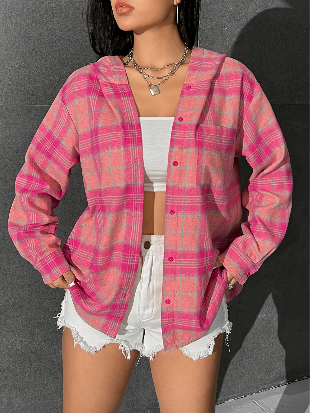 Directional Plaid Print Off-Shoulder Hooded Shirt, Long Sleeve Top - Peach
