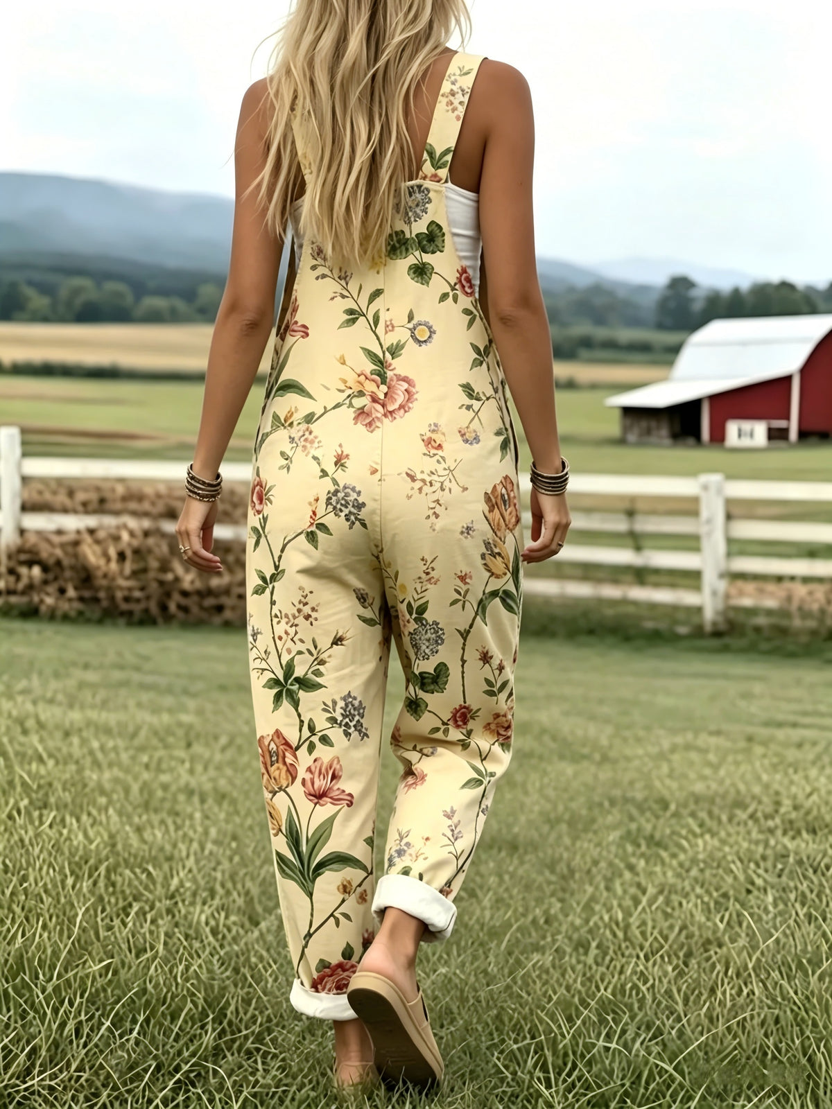 Women'S Fashion Design Versatile Overalls with Button Adjustable Straps - Cartoon Cute Floral Print A87 - 【Light Yellow】