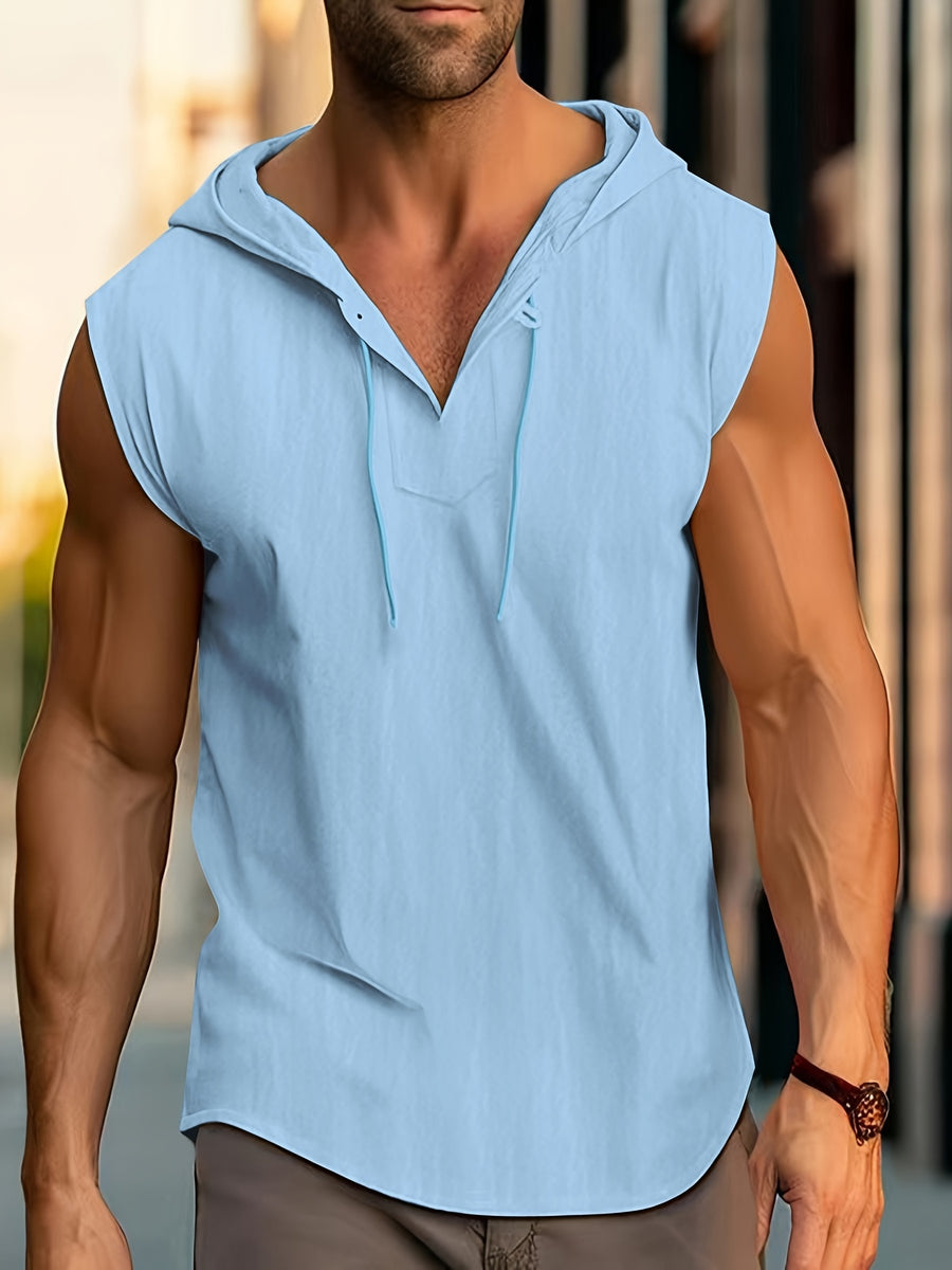 Men'S Solid Color Sleeveless Fashion Sports Hooded Top - Light Blue