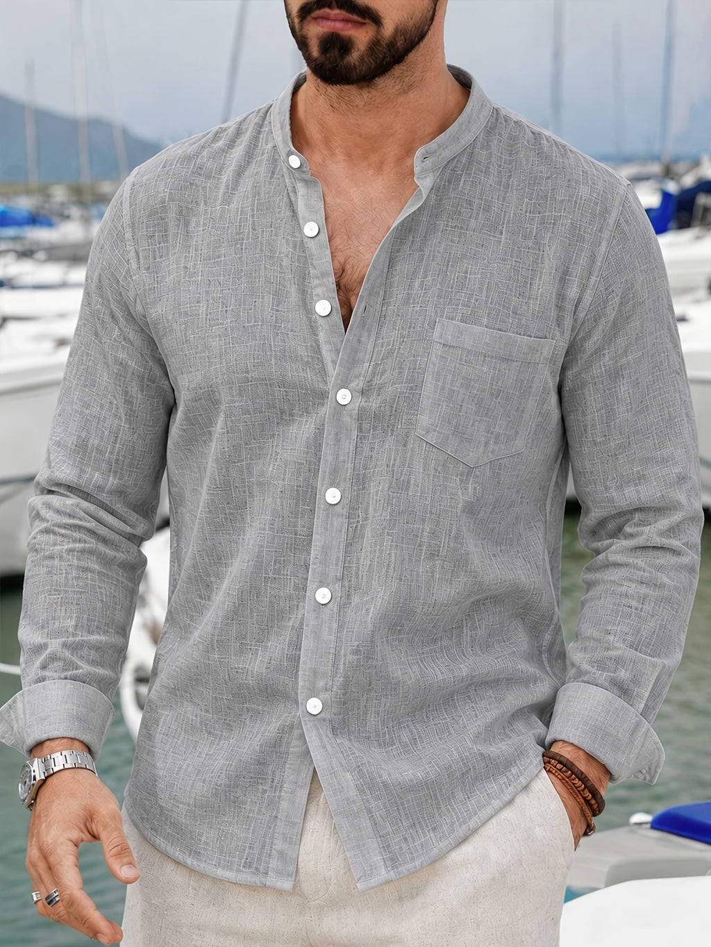 Pc of 2 Mens Plain Long Sleeve Button Shirts with Mandarin Collar & Distinct Chest Pocket, Lightweight Airy Sweat-Wicking Casual Tops, Versatile for Office Work, Holidays, Daily Outings & Home Regular Fit Spring Summer Office Work Holiday - Grey+Lake Blue