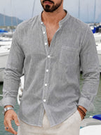 Pc of 2 Mens Plain Long Sleeve Button Shirts with Mandarin Collar & Distinct Chest Pocket, Lightweight Airy Sweat-Wicking Casual Tops, Versatile for Office Work, Holidays, Daily Outings & Home Regular Fit Spring Summer Office Work Holiday - Grey+Lake Blue