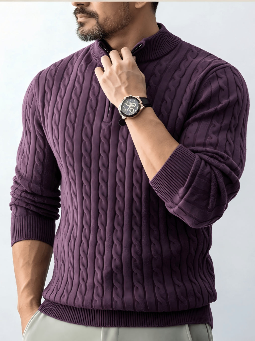 Men's Relaxed-fit Spring and Autumn Style with a Chic Half-zipper Design for a Casual, Laid-back Look. The Exquisite Cable-knit Texture Adds a Vintage Touch, While the Solid Color Offers a Calm and Sophisticated Vibe, Perfect for Creating a Casual - Purple