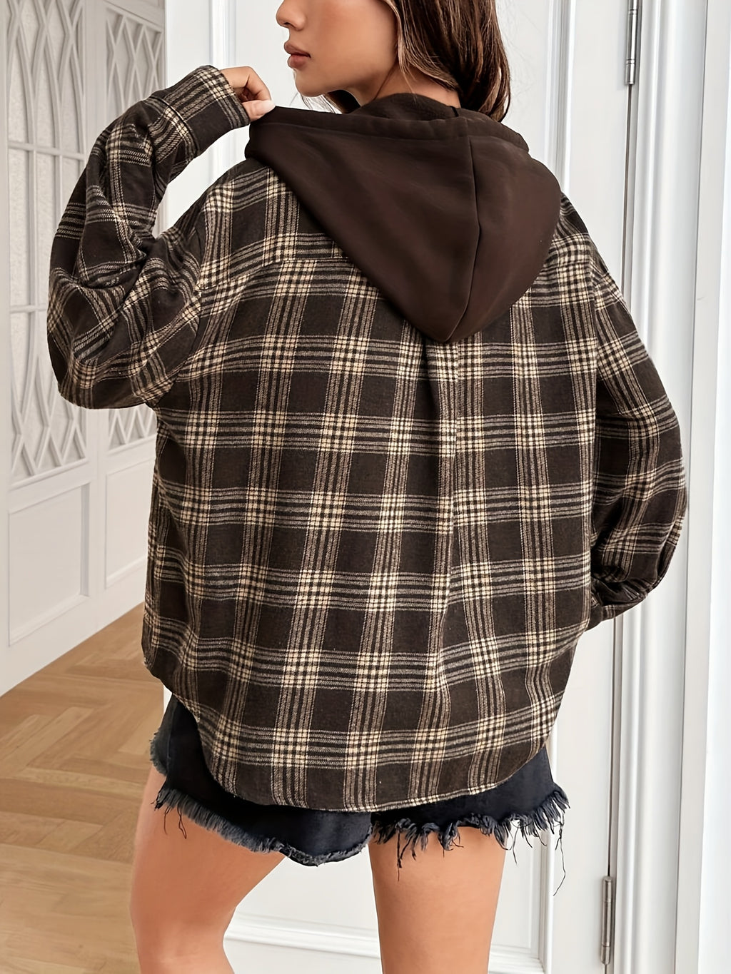 Women'S Elegant Spring/Autumn Thin Plaid Pocket Casual Long Sleeve Hooded Jacket - Dark Brown