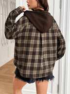 Women'S Elegant Spring/Autumn Thin Plaid Pocket Casual Long Sleeve Hooded Jacket - Dark Brown