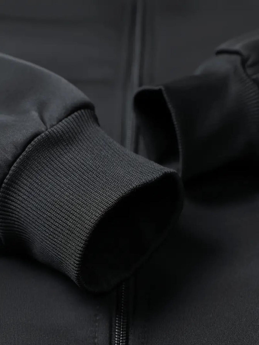Men's Stand Collar Jacket for Urban Outings, European and American Style Casual Long Sleeve Spring/Autumn Jacket with Pockets, Ribbed Cuffs and Hem, Full Zipper Closure, Men's Sport Outerwear Jacket - Black