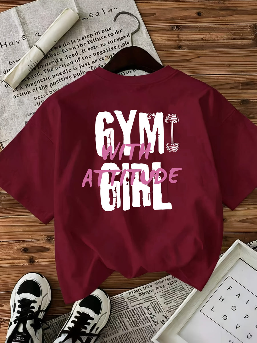 Letter Print Short Sleeve Round Neck Athletic T-Shirt Women'S Top - Burgundy