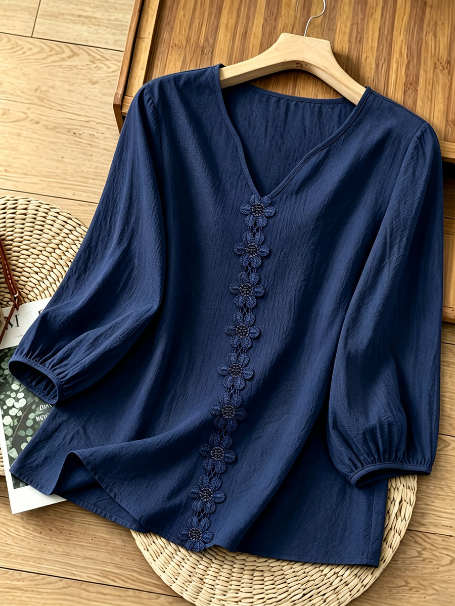 French-Style Gentle Textured Shirt with V-Neck, Lace Floral Design, Lantern Sleeves, Loose Fit, Relaxed Style, Versatile Daily Top - Navy Color