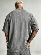 Men's Heavyweight Short-Sleeve Washed Distressed Fashion Print Vintage-Washed Worn Design Streetwear Trendy Distressed Design European and American High Street Style Summer Simple Versatile Gym Workout Sports Top Cotton Breathable - Grey