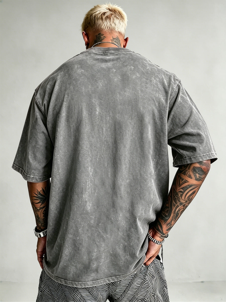 Men's Heavyweight Short-Sleeve Washed Distressed Fashion Print Vintage-Washed Worn Design Streetwear Trendy Distressed Design European and American High Street Style Summer Simple Versatile Gym Workout Sports Top Cotton Breathable - Grey