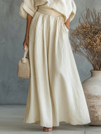 Women'S Fashion Elegant Women'S Easy Casual Short Loose Off-Shoulder Puff Sleeve Niche Top Oversized A-Line Half-Skirt Set - Apricot