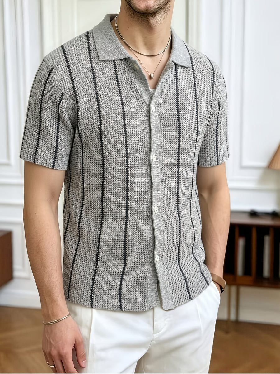 Spring Summer Men'S Short Sleeve Knit Sweater Casual Athletic Street Retro Style Vertical Stripe Pattern Lapel Button-Up Men'S Jacket Men'S Top Men'S Pullover - Grey