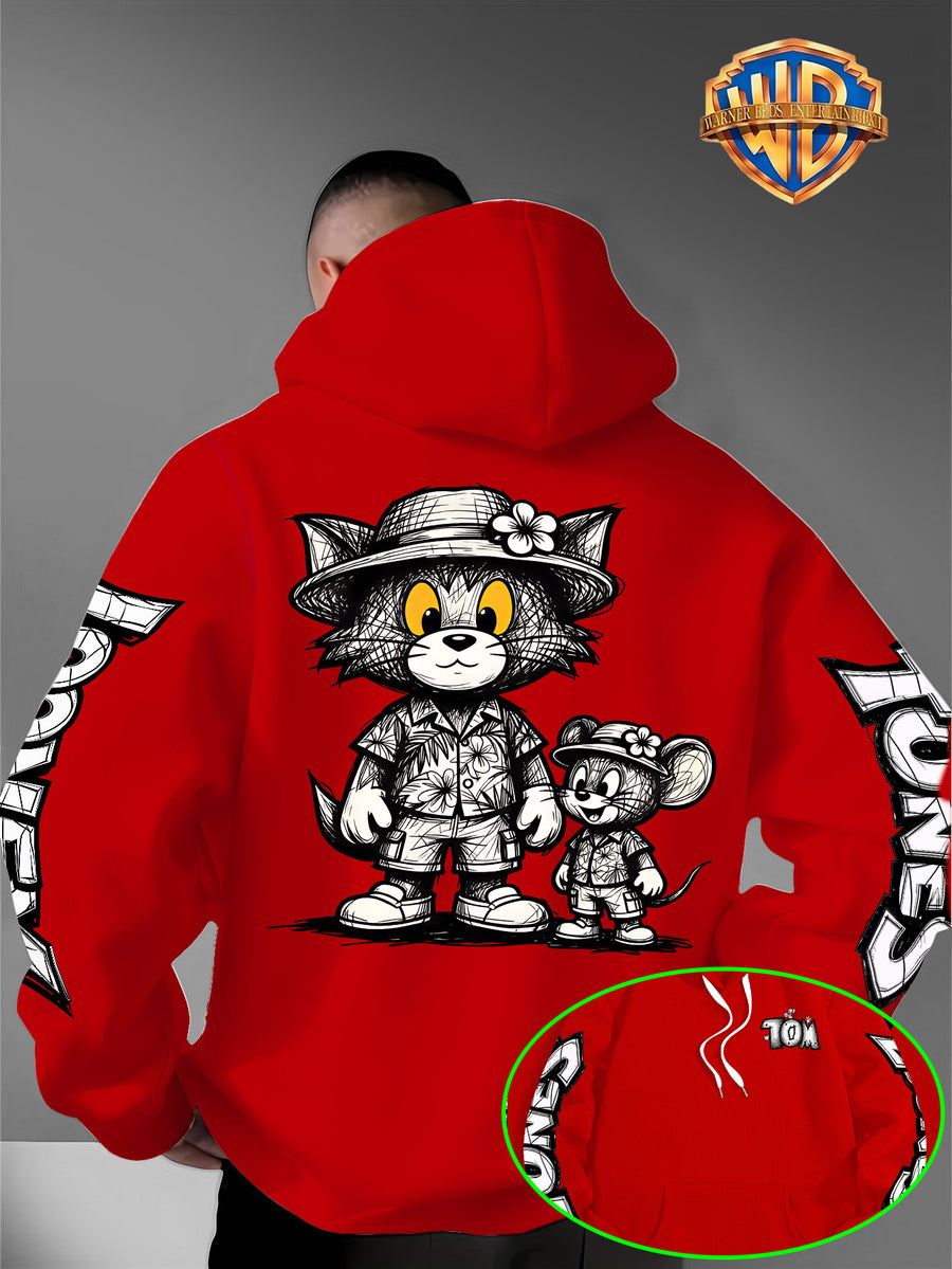 Men's Warner Bros. Vacation Hand-Drawn Sketch Print Hooded Sweatshirt, a Loose and Casual Hoodie Suitable for Animation IP Enthusiasts, Daily Commutes to School, Streetwear, and  Outfits for Couples and Best Friends - Red