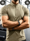Men'S Muscular Fitness High-Elastic Training Quick-Dry Fitness Wear, Individual Print Patterns, Slim Fit Summer Casual Short Sleeve Shirt T-Shirt - Breathable Elastic Fabric, Stand-Up Collar Design with Open Chest Zipper - Khaki