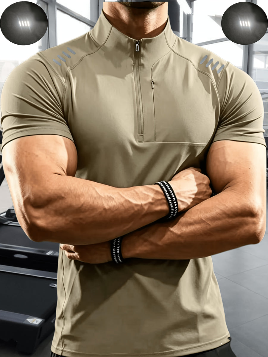 Men'S Muscular Fitness High-Elastic Training Quick-Dry Fitness Wear, Individual Print Patterns, Slim Fit Summer Casual Short Sleeve Shirt T-Shirt - Breathable Elastic Fabric, Stand-Up Collar Design with Open Chest Zipper - Khaki