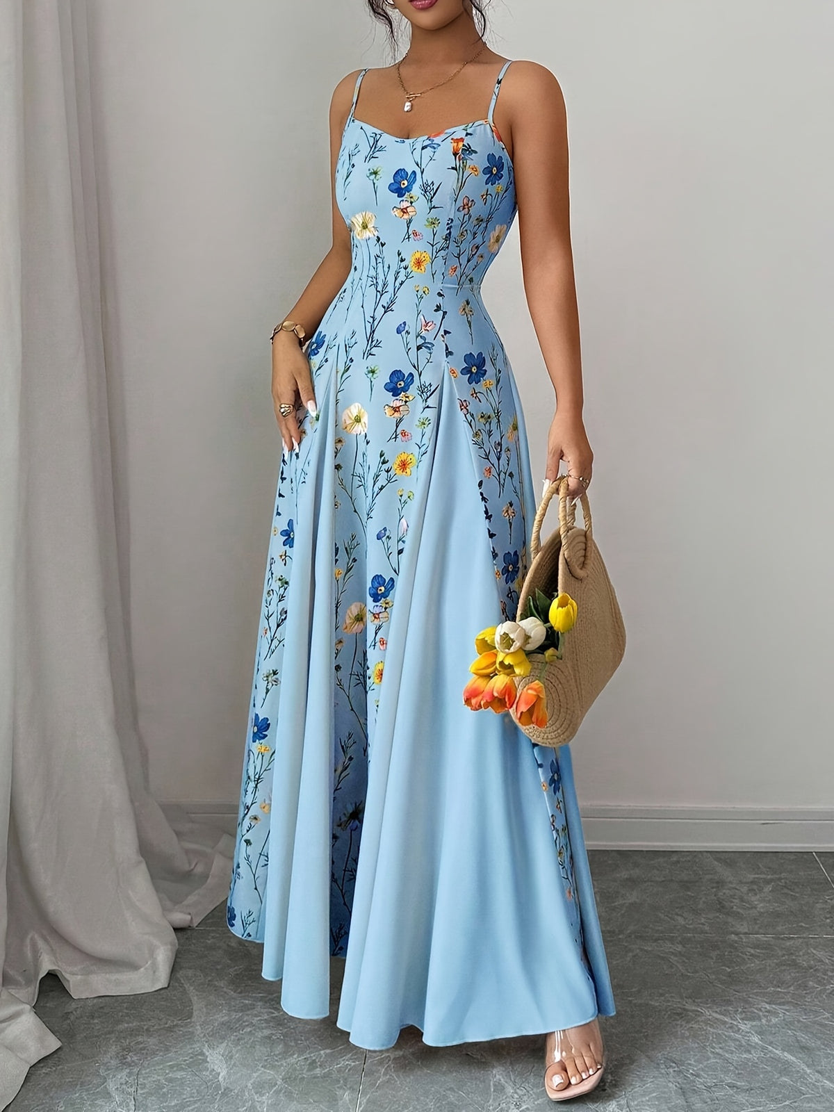 Spring And Summer New Elegant Resort European And American Fashion Trend Casual Women'S Clothing Floral Print Sleeveless Square Neck Suspender Dress - Sky Blue
