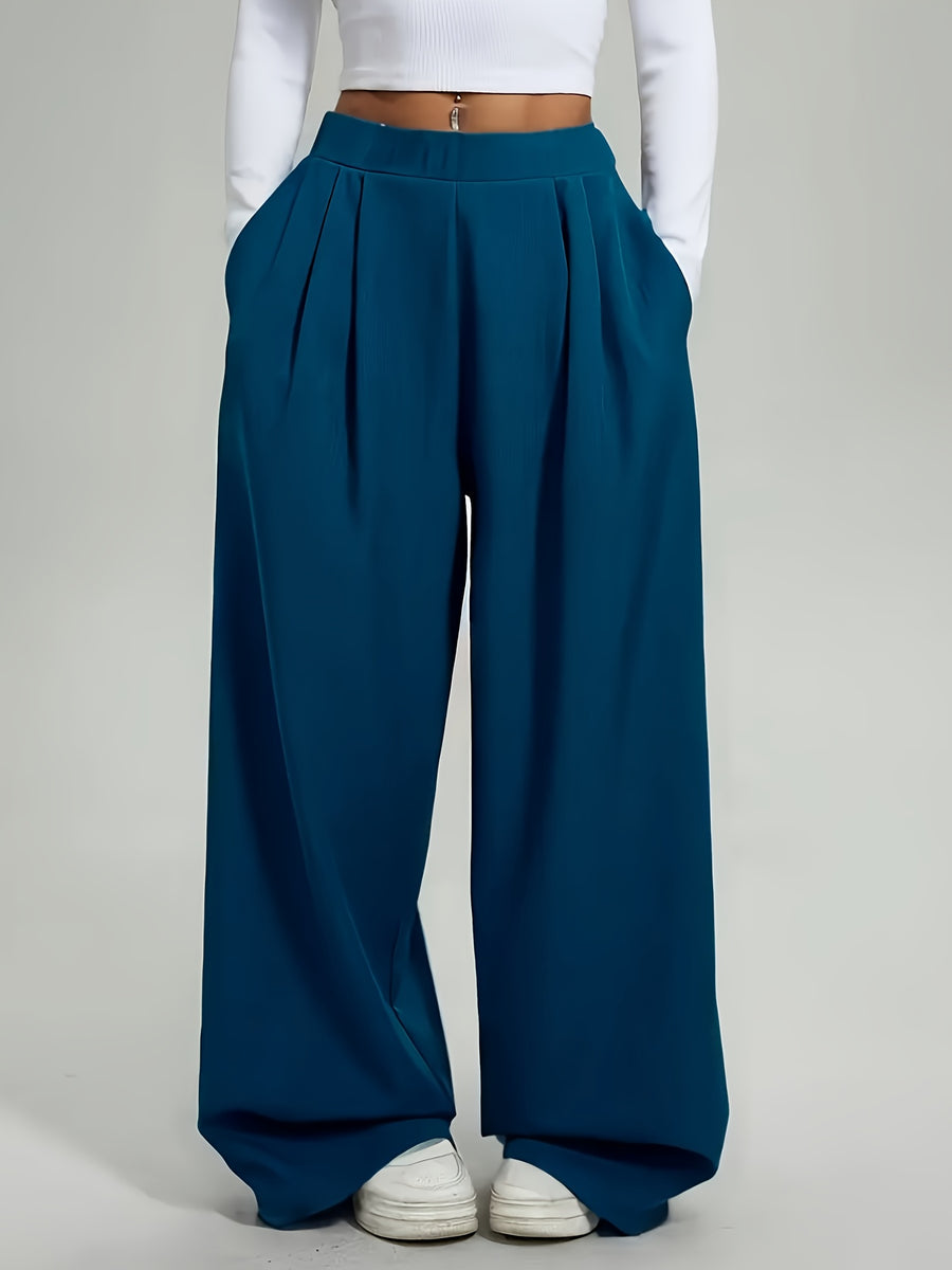 Women's Spring/Summer Casual Comfortable Stretchy Waist Pink Basic Pull-On Pants, Autumn Women's Classic Outdoor Pants, Curve Pants, Women's Autumn Pants, High-Waisted Solid Color - Peacock Blue