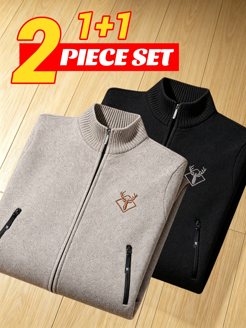 2pcs, Men'S Autumn Winter Knit Cardigan Stand Collar Full Zip, Plush Lining, Long Sleeve Sweater, Fleece Lined And Thickened, with Pockets, Suitable for Casual, Home, Business, Hiking, Outdoor, Fashionable All-Match Autumn Winter Sweater Jacket - Light Beige+Black