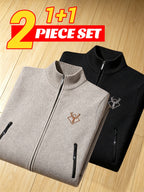 2pcs, Men'S Autumn Winter Knit Cardigan Stand Collar Full Zip, Plush Lining, Long Sleeve Sweater, Fleece Lined And Thickened, with Pockets, Suitable for Casual, Home, Business, Hiking, Outdoor, Fashionable All-Match Autumn Winter Sweater Jacket - Light Beige+Black