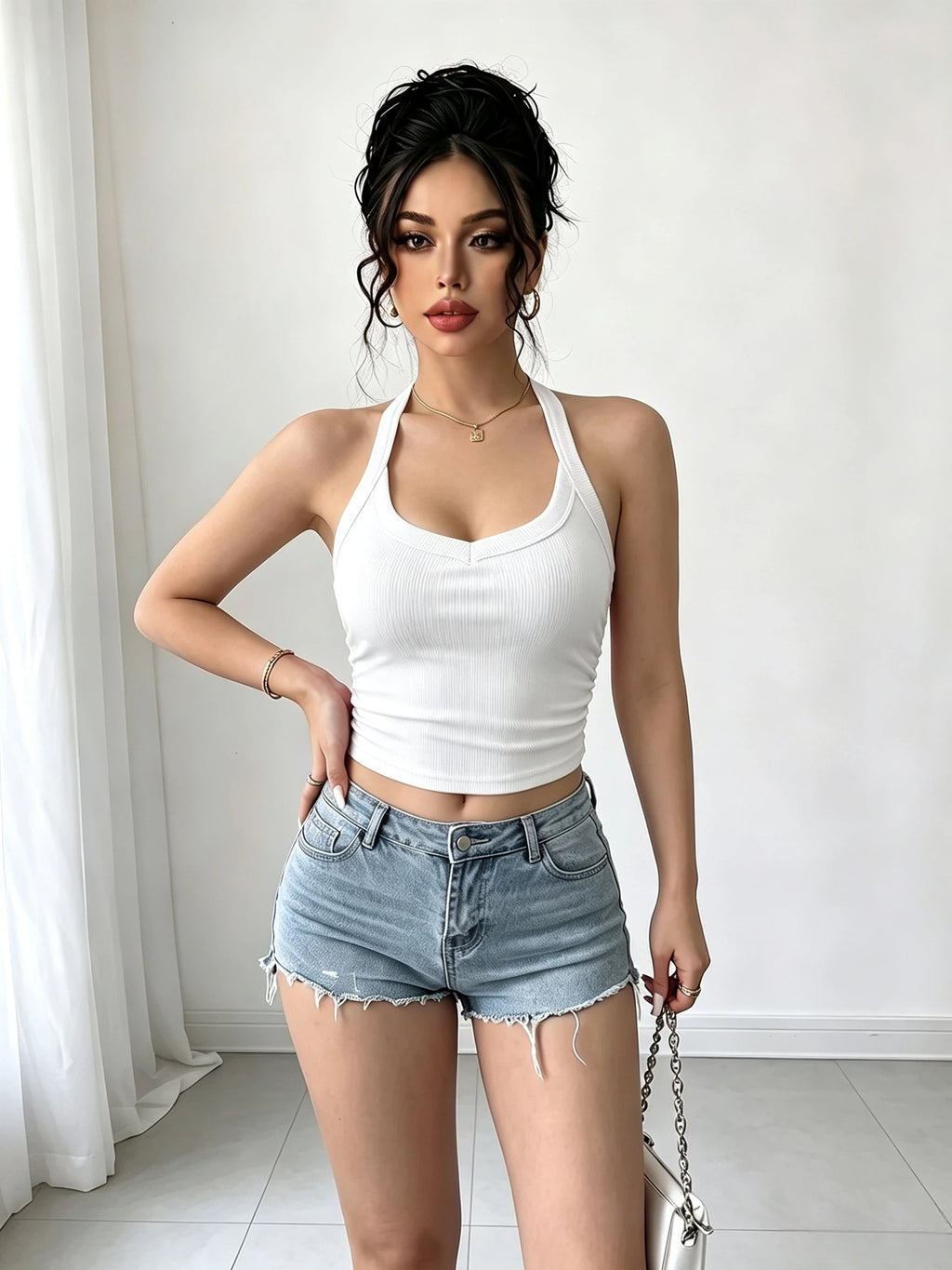 Women'S Spring Summer Halter Neck Solid Color Cami Tank Top, Spicy Sheer Short Top for Inner Wear And Outer Wear, Classic Versatile Style - White