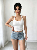 Women'S Spring Summer Halter Neck Solid Color Cami Tank Top, Spicy Sheer Short Top for Inner Wear And Outer Wear, Classic Versatile Style - White